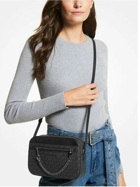Michael Kors Black MK Monogram Crossbody with Chain Accent